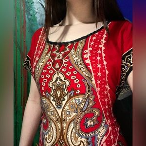 Cotton Below Knee Red Dress Tribal Designs with Silk Ribbon Bow